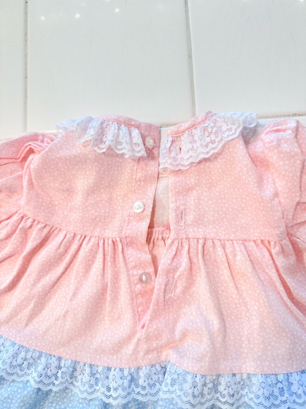 Vintage Baby Girl 6-9m Dress &Bloomer Set Roanna Pink Blue Ditzy Floral Lace 80s - Picture 8 of 14